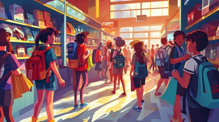 Poster - Back-to-school shopping, backpacks and supplies, crowded store, excited kids, vibrant and cartoony illustration Generative AI