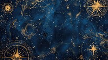 Caravels Marine Blue Portolan Map Style Background - Sun, Heliocentric, Compass Rose And Various Little Stars Constellation Map - Consisting Of Golden Filigree Created With Generative AI Technology