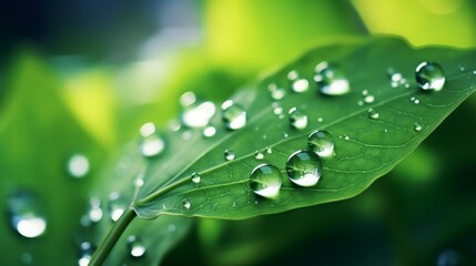  Macro close-up: transparent raindrops glisten on vibrant green leaf in morning sunlight – beautiful nature texture