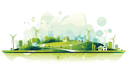 innovation and technology behind green energy in a vector scene featuring individuals working on cutting-edge renewable energy projects, from designing wind farms to installing solar arrays. 