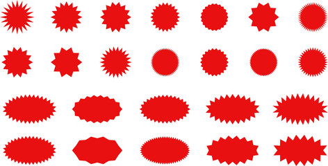 Starburst red sticker set - collection of special offer sale oval and round shaped sunburst labels and badges. Promo stickers with star edges. Vector.