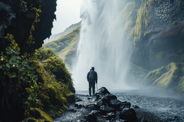 Wall Mural - Majestic Iceland: A Traveler's Back View at the Edge of a Waterfall, Wearing a Rain Jacket Amid Mist, Capturing the Raw Beauty of Iceland's Natural Wonders.

