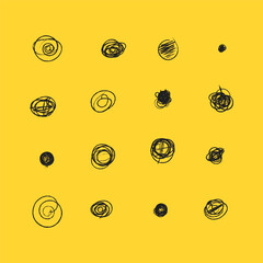 Wall Mural - Set of hand drawn doodle circles in a grunge style. Scribble doodle circle and point. Vector illustration for bullet journal. Isolated yellow background. Collection black shapes dots and drops.