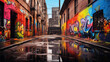 A high-quality photograph revealing a gritty, urban alleyway, transformed into a canvas for colorful street art and graffiti, reflecting the dynamic and rebellious nature of the urban landscape