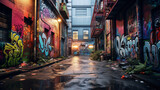 Fototapeta Uliczki - A high-quality photograph revealing a gritty, urban alleyway, transformed into a canvas for colorful street art and graffiti, reflecting the dynamic and rebellious nature of the urban landscape