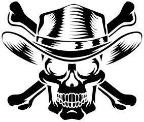 Poster - A cowboy grim reaper skull wearing a country or western style hat with pirate cross bones