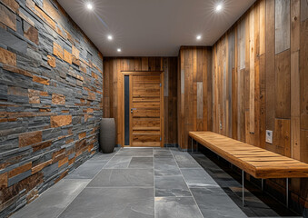 Wall Mural - A luxury hotel lobby entrance with a large door, stone wall panel.