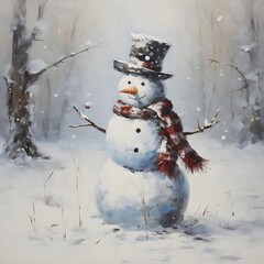 Sticker - watercolor snowman with winter background