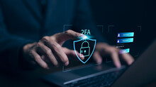 Privacy Protect Data And Cybersecurity Concepts. The Two Factor Authentication Laptop Computer Screen Displays 2FA. Data Protection With 2FA Increases Security. Log In With A Username And Password.