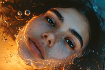 Sticker - Glistening Grace: Warm Light on a Woman's Submerged Beauty