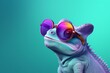 Macro cute chameleon in a pair of colorful glasses, hyperrealistic compositions, inventive. Chameleon wearing sunglasses on a solid colorful background, copy space