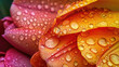 Detailed shot of vibrant tulip petals covered in dewdrops.