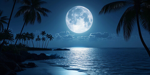 Wall Mural - full moon illuminating a tropical archipelago, silhouettes of palm trees, calm ocean waters reflecti