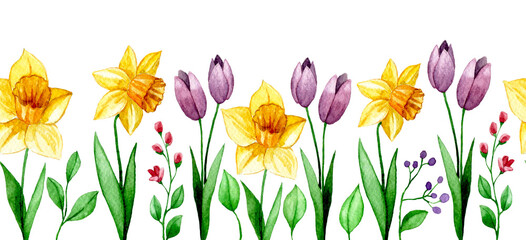 Wall Mural - seamless border with spring flowers. watercolor frame of daffodils, tulips, cosmos, leaves and branches