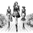 Group of models on a catwalk Hand drawn sketch. Black drawing on transparent background. AI generative illustration