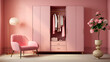 Luxury wardrobe in pink tones, stylish clothes organised on shelves in a large walk-in closet interior.