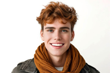 A bright and engaging studio portrait of a young white American male model, showcasing a joyful smile with perfect teeth, casual yet stylish attire