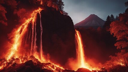 Wall Mural - fire in the mountains Horror waterfall of fire, with a landscape of burning trees and lava, with  volcano  