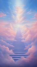 Delicate Airy Stairway Goes To The Sky To The Light, Delicate Pastel Colors, Airy Light Clouds, Stairway To The Clouds
