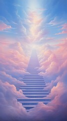 Delicate airy stairway goes to the sky to the light, delicate pastel colors, airy light clouds, stairway to the clouds