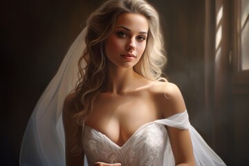 Wall Mural - Beautiful young bride in a white wedding dress and veil
