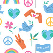 Peaceful objects seamless pattern. Different positive elements, funny doodle style love and peace symbols, hands, vector repeat backdrop.eps