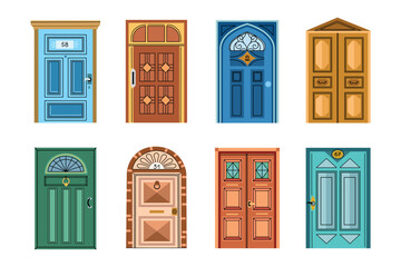 Pretty front doors. outside home entrances, vintage house facade elements, exterior beautiful doorsteps, different designs, vector set.eps