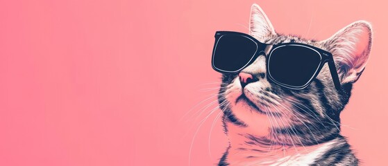 Wall Mural -  a cat wearing a pair of sunglasses on top of it's head in front of a bright pink background.