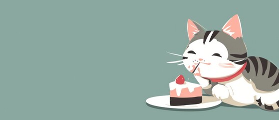 Sticker -  a cat eating a piece of cake with a candle sticking out of it's mouth, on a plate.