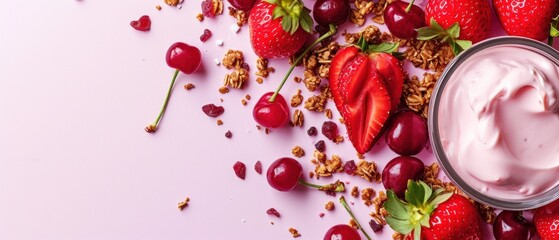 Sticker -  a jar of yogurt surrounded by strawberries on a pink background with scattered granola and cherries.