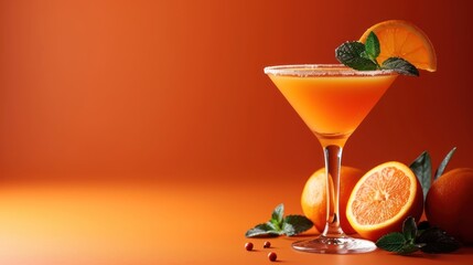 Wall Mural -  a close up of a drink in a glass with a slice of orange on the rim and mint on the rim.