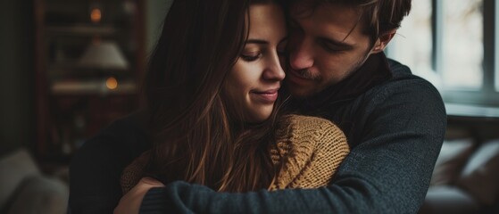 Sticker -  a man and a woman embracing each other in a dark room with a large window in the back of the room.