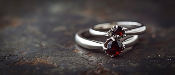  a couple of wedding rings sitting on top of a wooden table with a red stone in the middle of the ring.