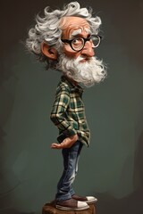 Wall Mural -  a caricature of an old man with glasses on top of a wooden stump with his hands in his pockets.