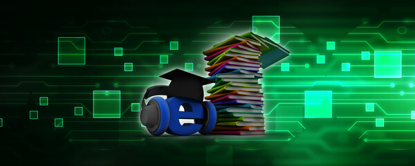 Poster - 3d illustration education concept concept .graduate cap in e mail sign connected headphone and books 