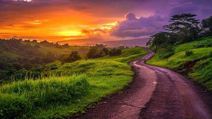 Sticker -  a dirt road in the middle of a lush green field with a sunset in the background and clouds in the sky.