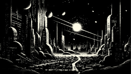 Wall Mural - Retro futuristic city landscape in vintage sci-fi book style. Abstract cityscape in science fiction dotwork style