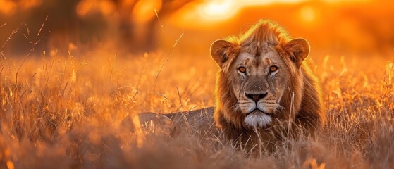 Wall Mural -  a close up of a lion laying in a field of tall grass with the sun shining on it's face.