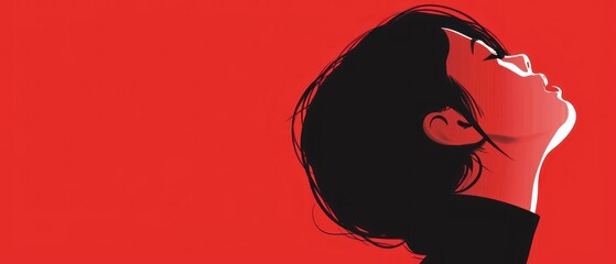 Poster -  a close up of a woman's face with her hair blowing in the wind, against a red background.