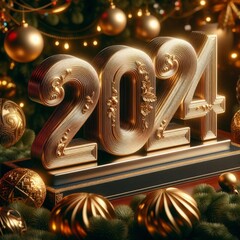 Decorative Shiny 3D New Year 2024 With Christmas Tree Bauble, Ball, Bulb, Bubble
