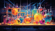 Digital art portrays a laboratory setting, with a scientist meticulously analyzing colorful liquids in glassware, bringing the precision and vibrant hues of the scientific process to life.