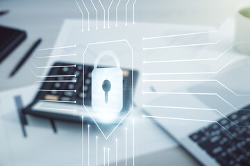 Poster - Virtual creative lock sketch with chip hologram on calculator and pc background, protection of personal data concept. Multiexposure