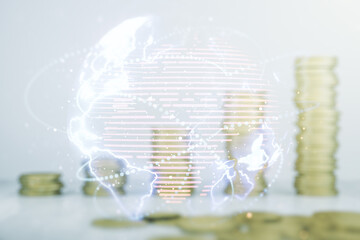 Poster - Double exposure of abstract digital world map hologram with connections on growing coins stacks background, big data and blockchain concept
