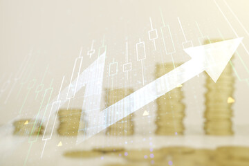 Aufkleber - Multi exposure of abstract financial diagram and upward arrow on growing coins stacks background, rise and breakthrough concept