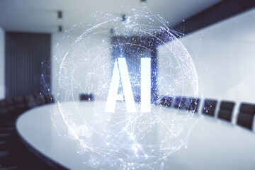 Poster - Creative artificial Intelligence symbol hologram on a modern coworking room background. Double exposure