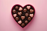 Fototapeta Kuchnia - Pink heart-shaped box with delicious chocolates on a pink background. St Valentines Day concept. Copy space.