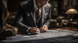 Fototapeta  - A photo captures a tailor measuring a suit with meticulous attention, ensuring a perfect fit and showcasing the art of bespoke tailoring.