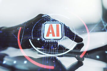 Poster - Double exposure of creative artificial Intelligence abbreviation and hand working with a digital tablet on background. Future technology and AI concept