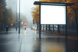Fototapeta Miasto - blank billboard mockup looms over a foggy city street lined with golden autumn leaves, a quiet observer of the urban morning bustle