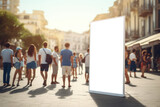Fototapeta Miasto - sunlit promenade bustling with people, with an empty billboard mockup in the foreground inviting summer ads